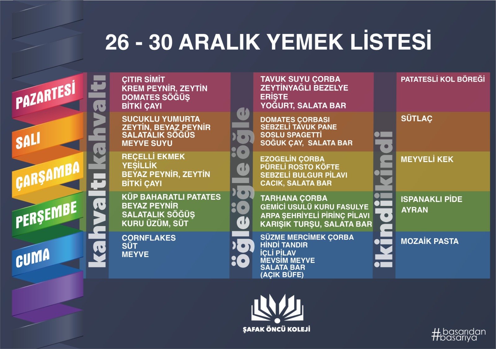 26-30 Aralık Yemek Listesi