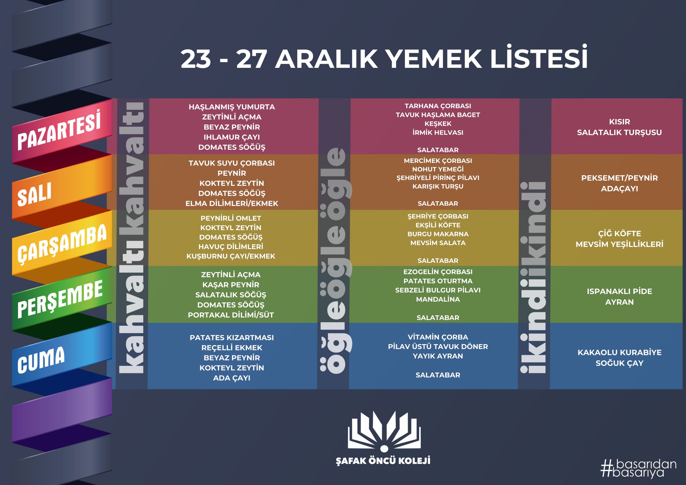 23 - 27 Aralık Yemek Listesi