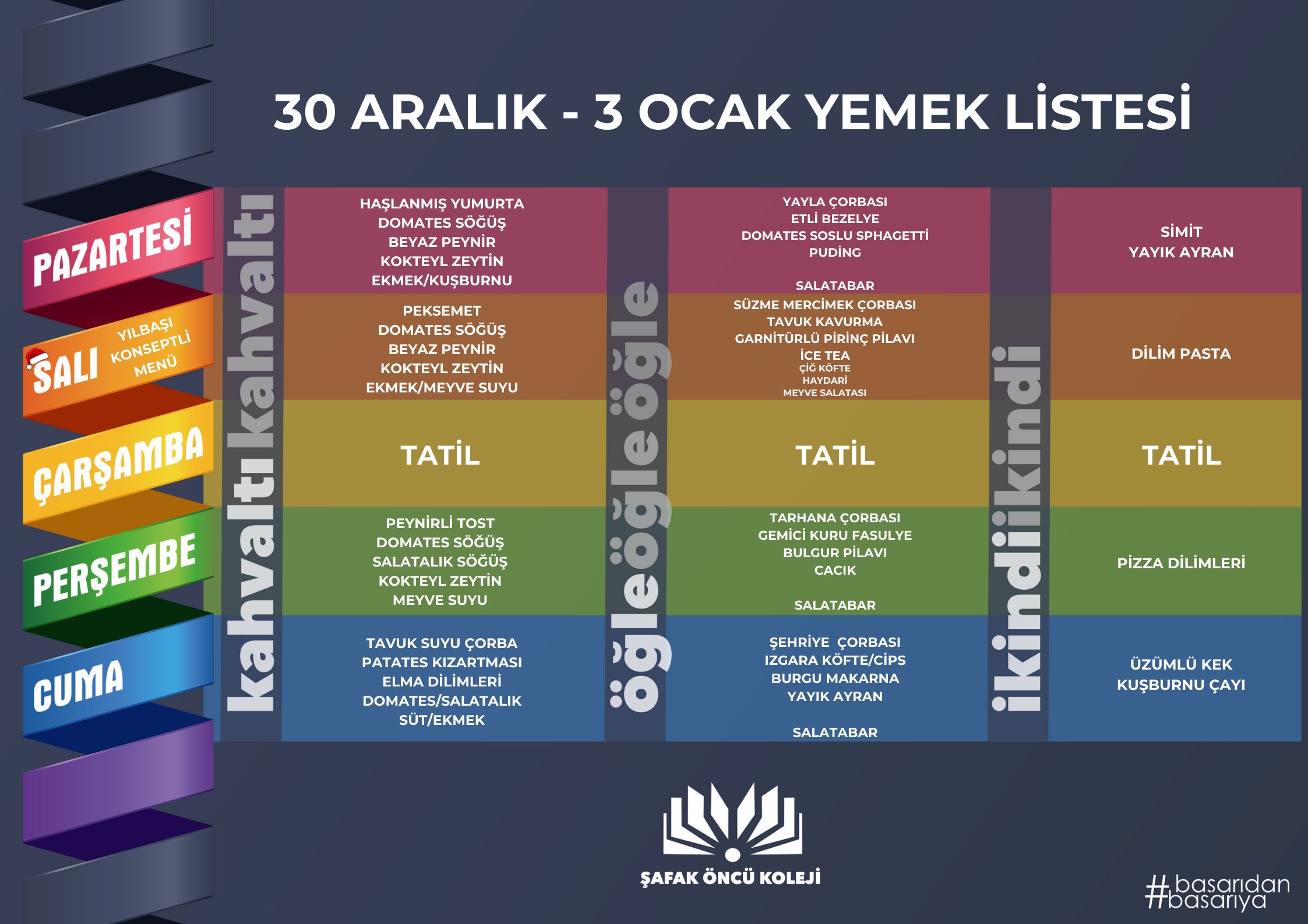 30 Aralık - 3 Ocak Yemek Listesi