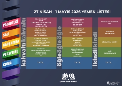 27 Nisan-1 Mayıs Yemek Listesi