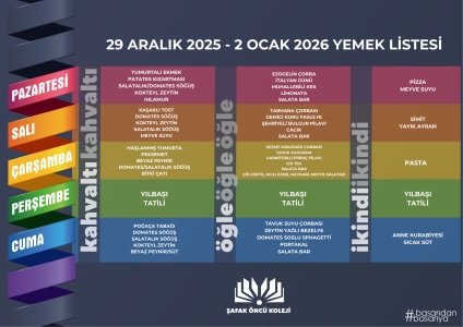 29 Aralık 2025 -2 Ocak 2026 Yemek Listesi