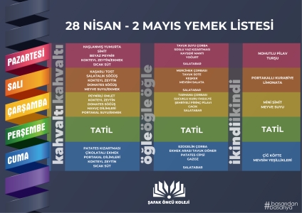 28 Nisan -2 Mayıs Yemek Listesi