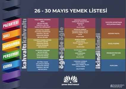 26-30 Mayıs Yemek Listesi