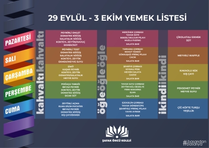 29 Eylül - 3 Ekim Yemek Listesi