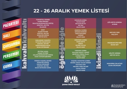 22-26 Aralık Yemek Listesi