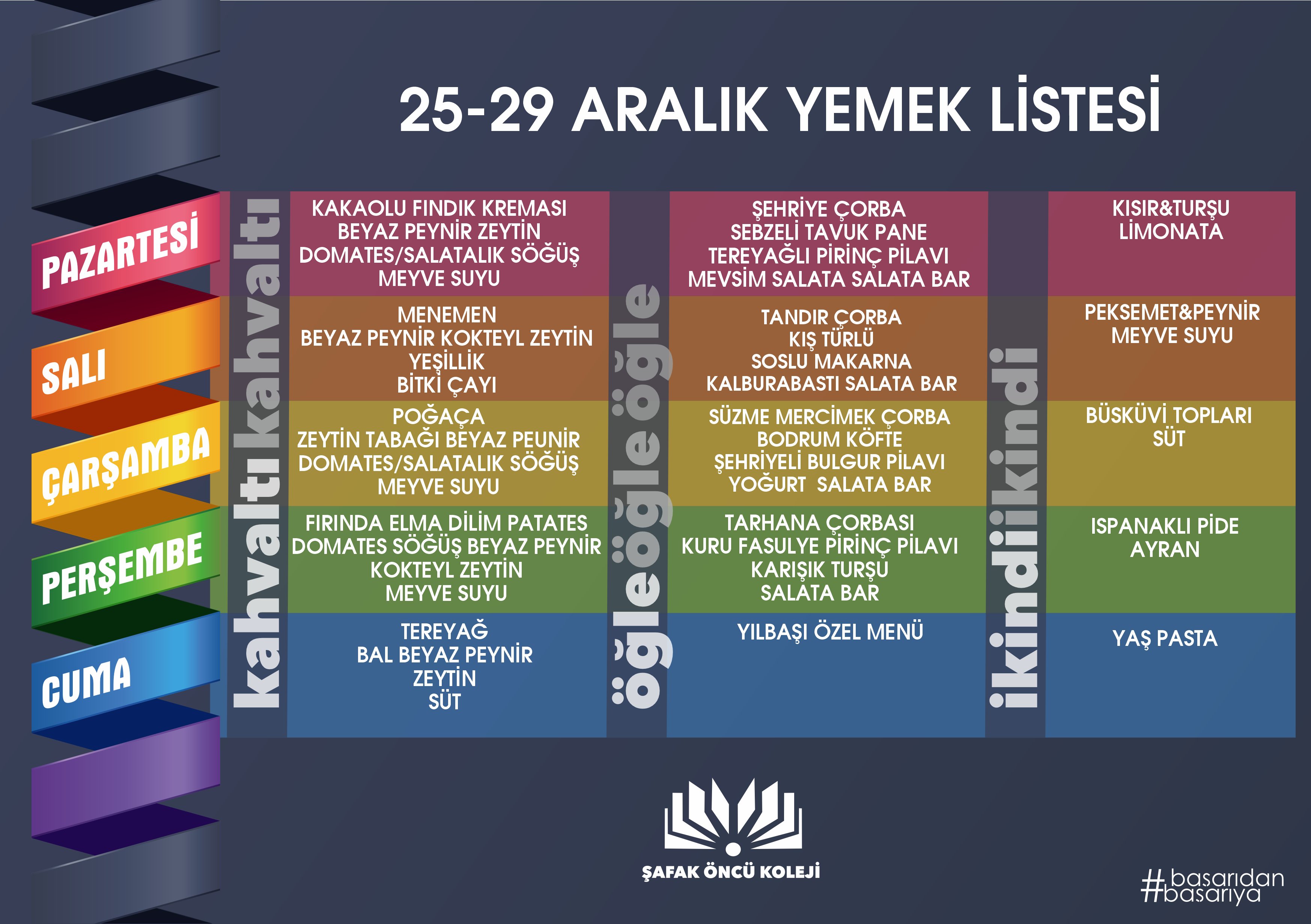 26-29 Aralık Yemek Listesi