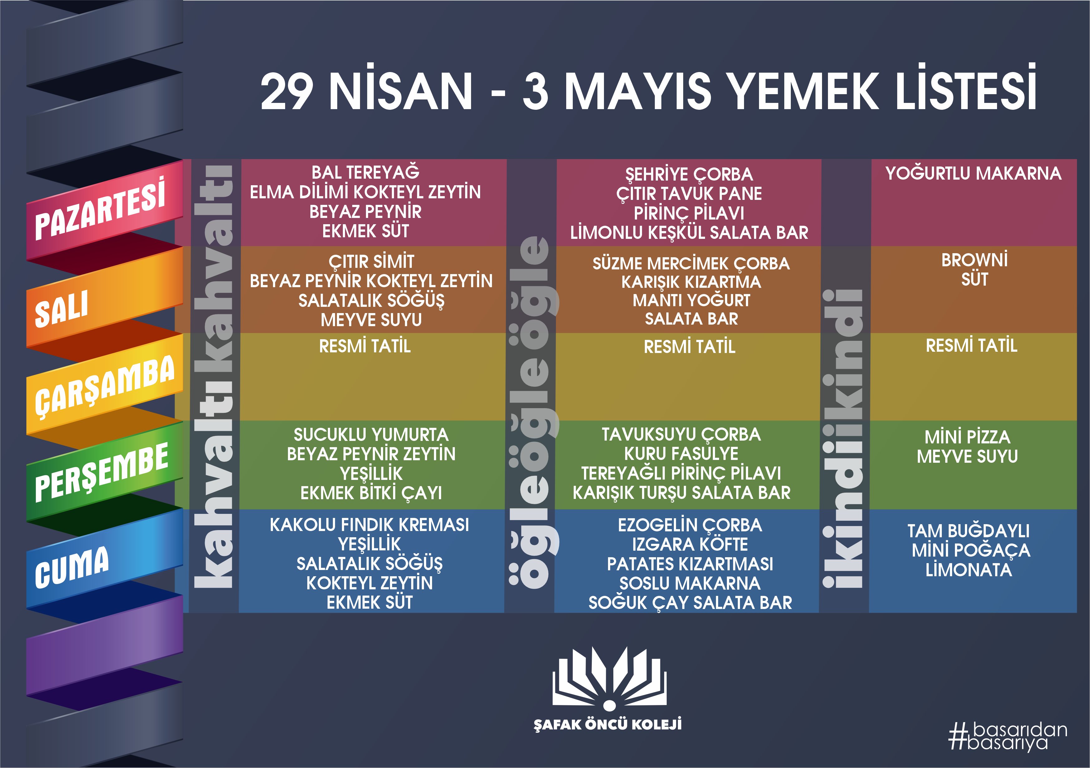 29 Nisan - 3 Mayıs Yemek Listesi