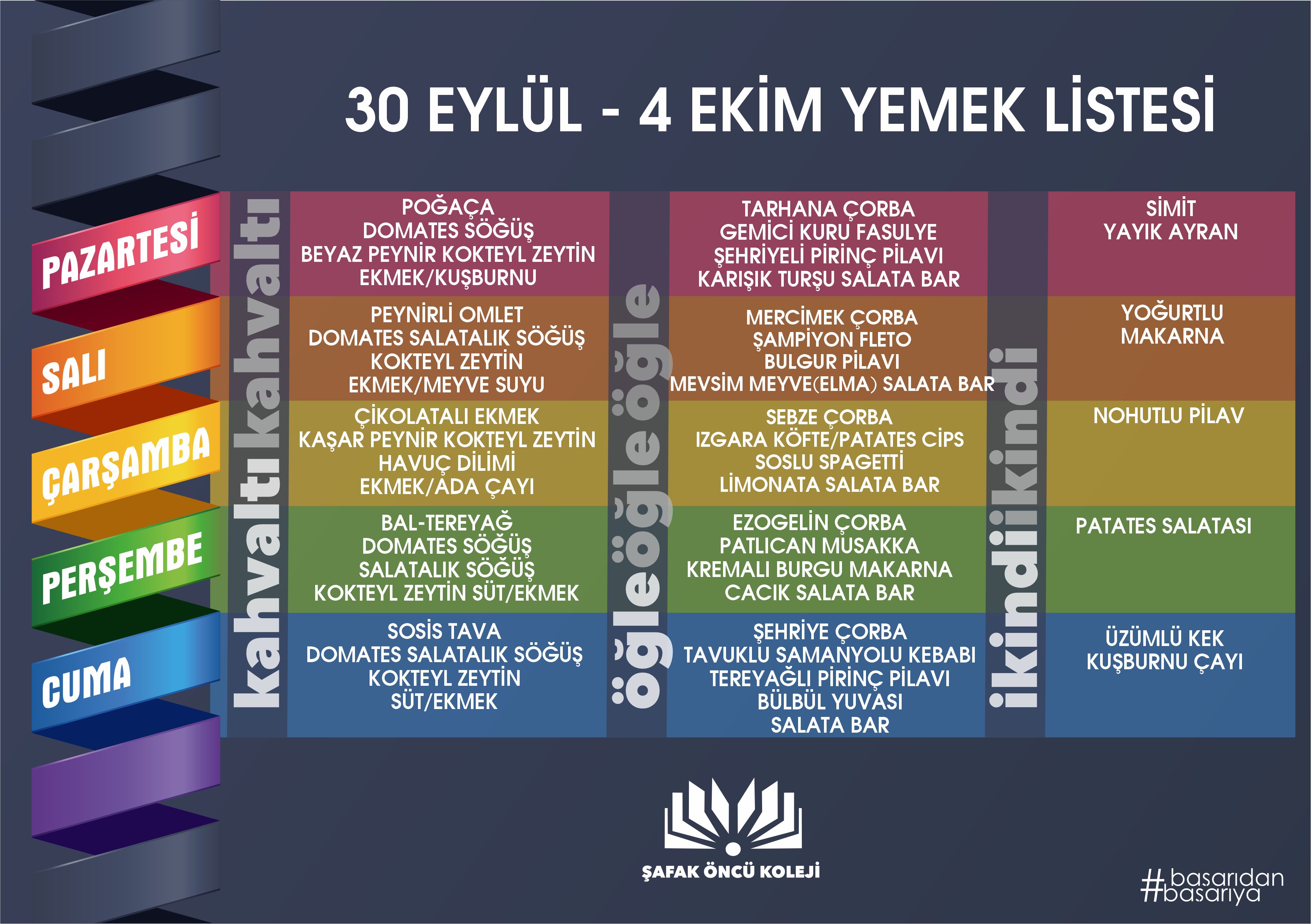 30 Eylül - 4 Ekim Yemek Listesi