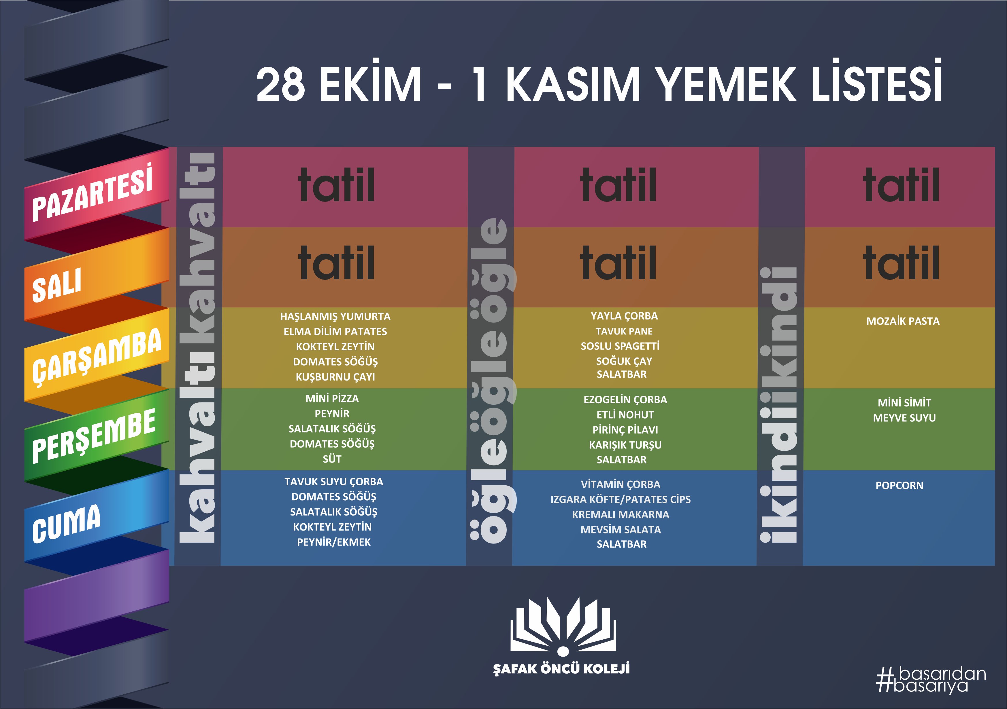 28 Ekim - 1 Kasım Yemek Listesi