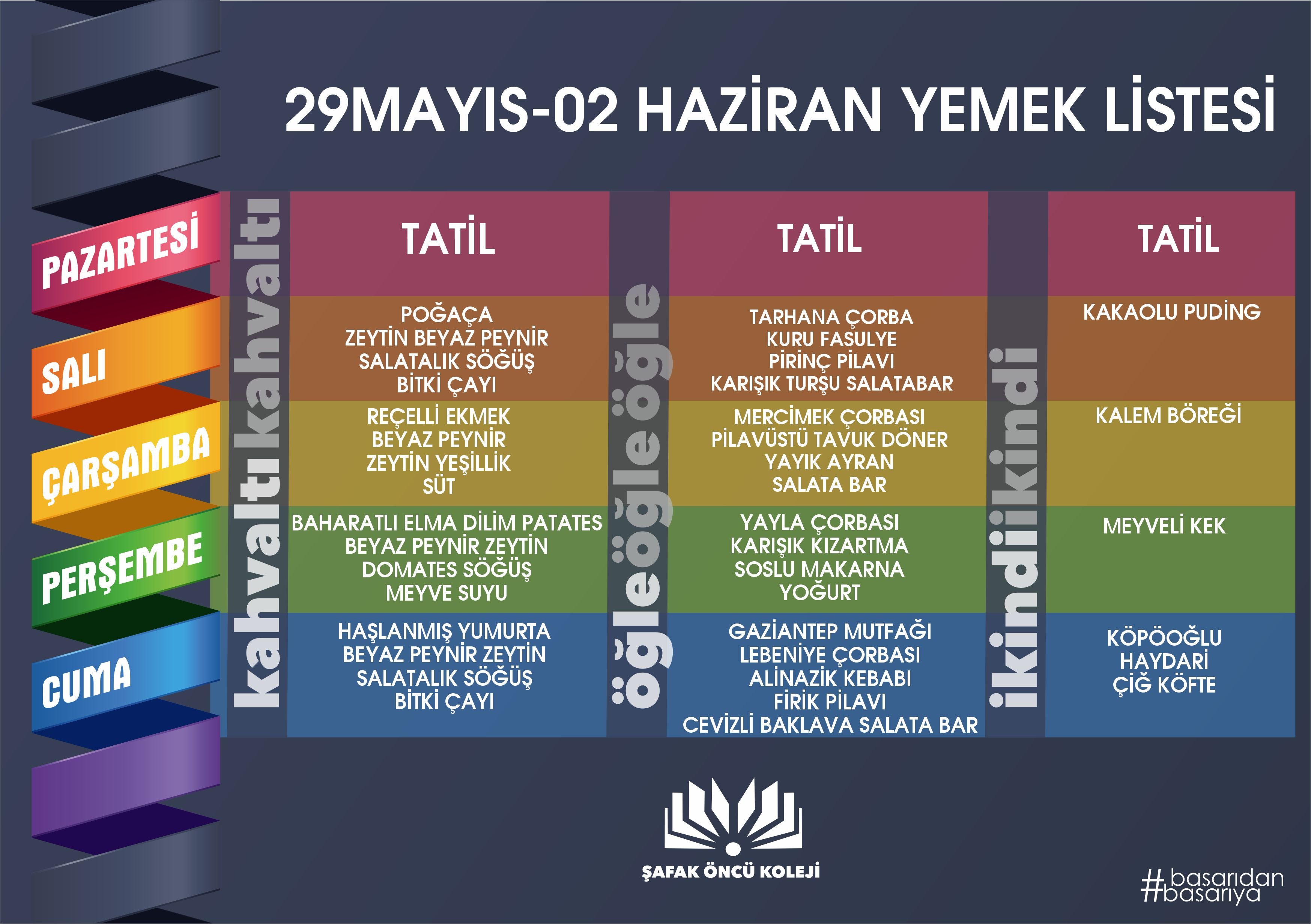 29Mayıs - 02Haziran Yemek Listesi