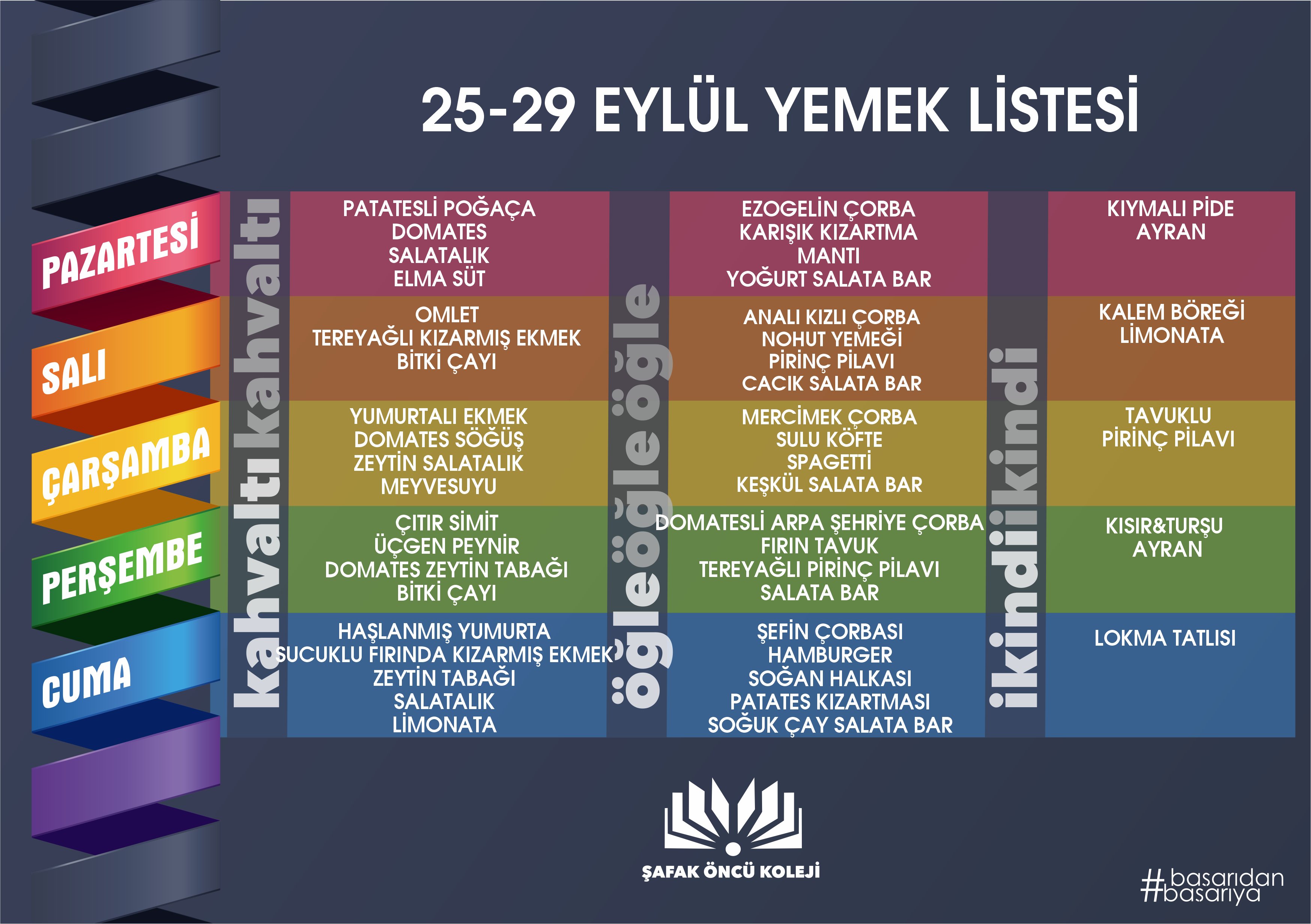 25-29 Eylül Yemek Listesi