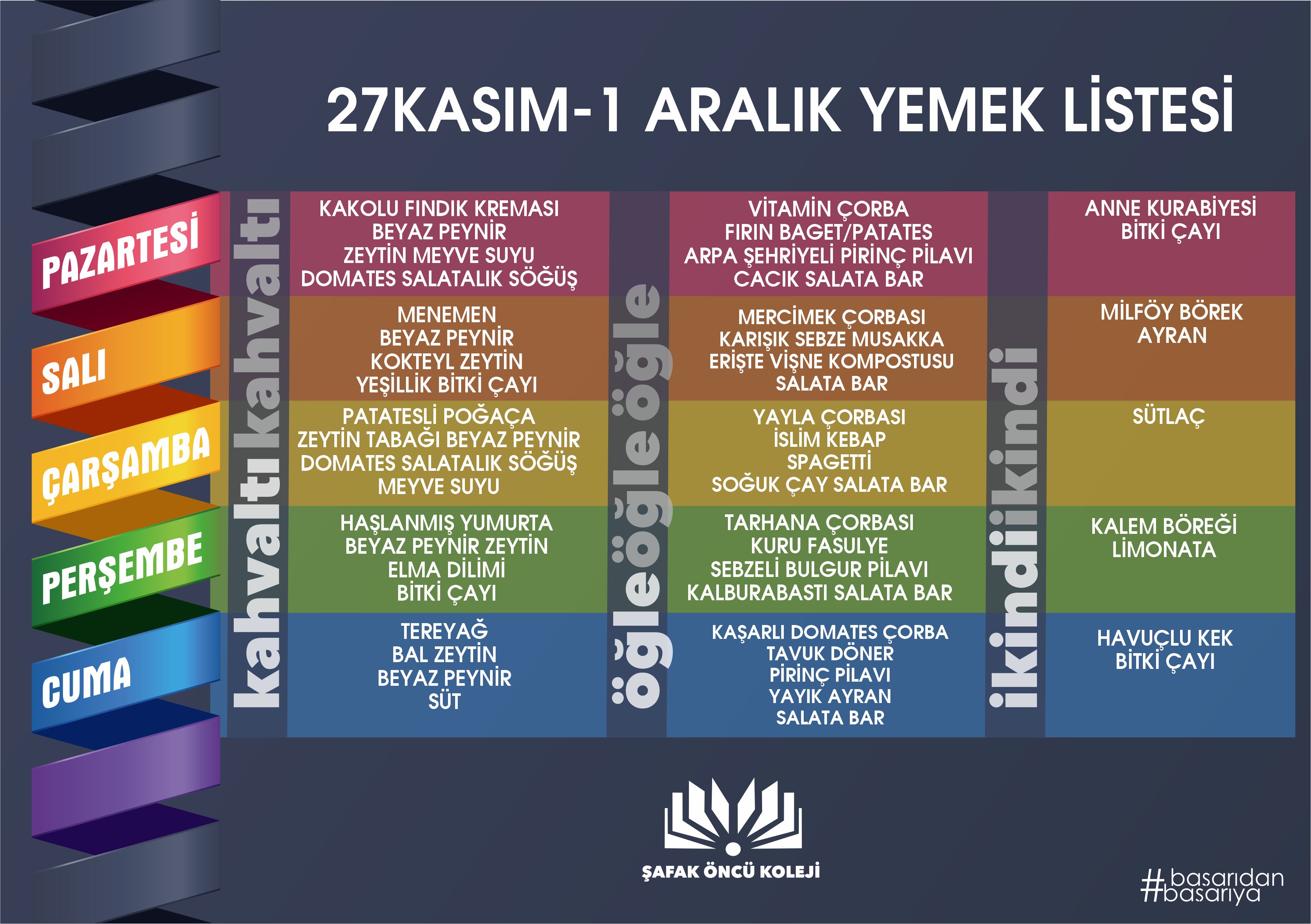 27 Kasım - 1 Aralık Yemek Listesi